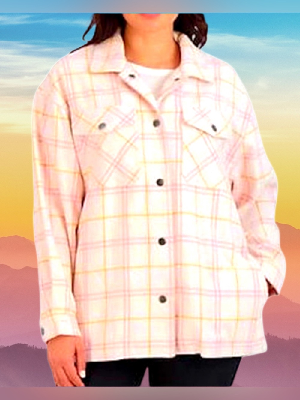 🆕HFX Women’s plus-size Light Pink Plaid Snap-Button Shacket Jacket⭐️⭐️XL